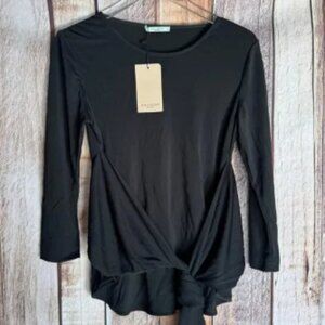 M.M. LaFleur Blouse Walker 2.0 Black Knit Crepe Top Tie Front Asymmetrical Hem S